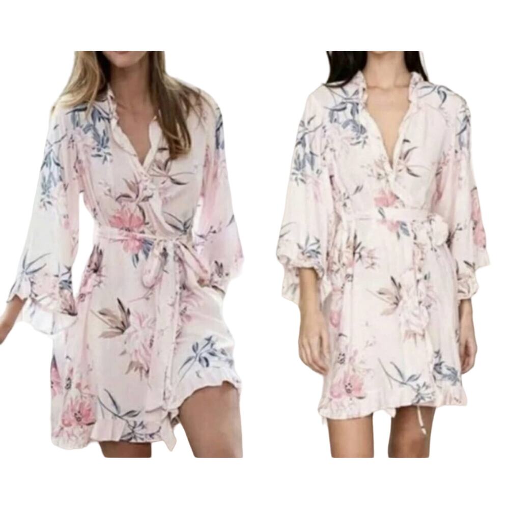 Yumi Kim Night Cap Robe in Secret Admirer Blush Ruffles Pink Floral Tie S New